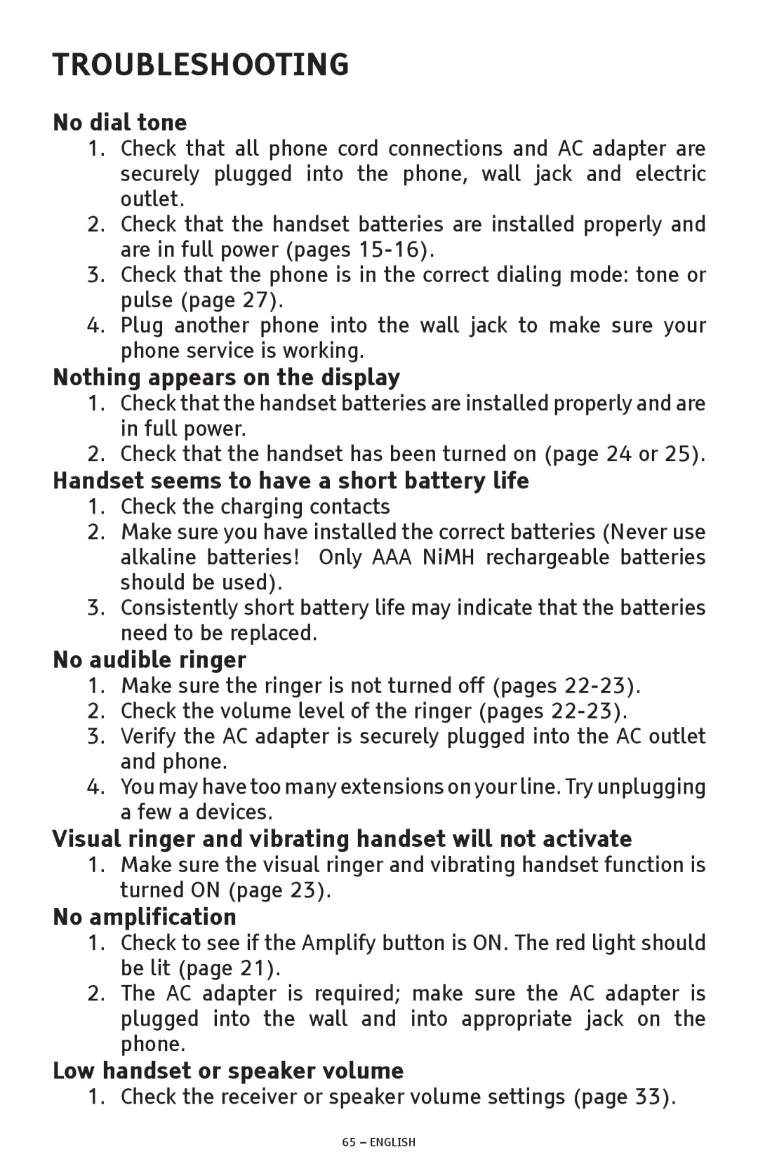 ClearSounds A600 manual No dial tone, Nothing appears on the display, Handset seems to have a short battery life 