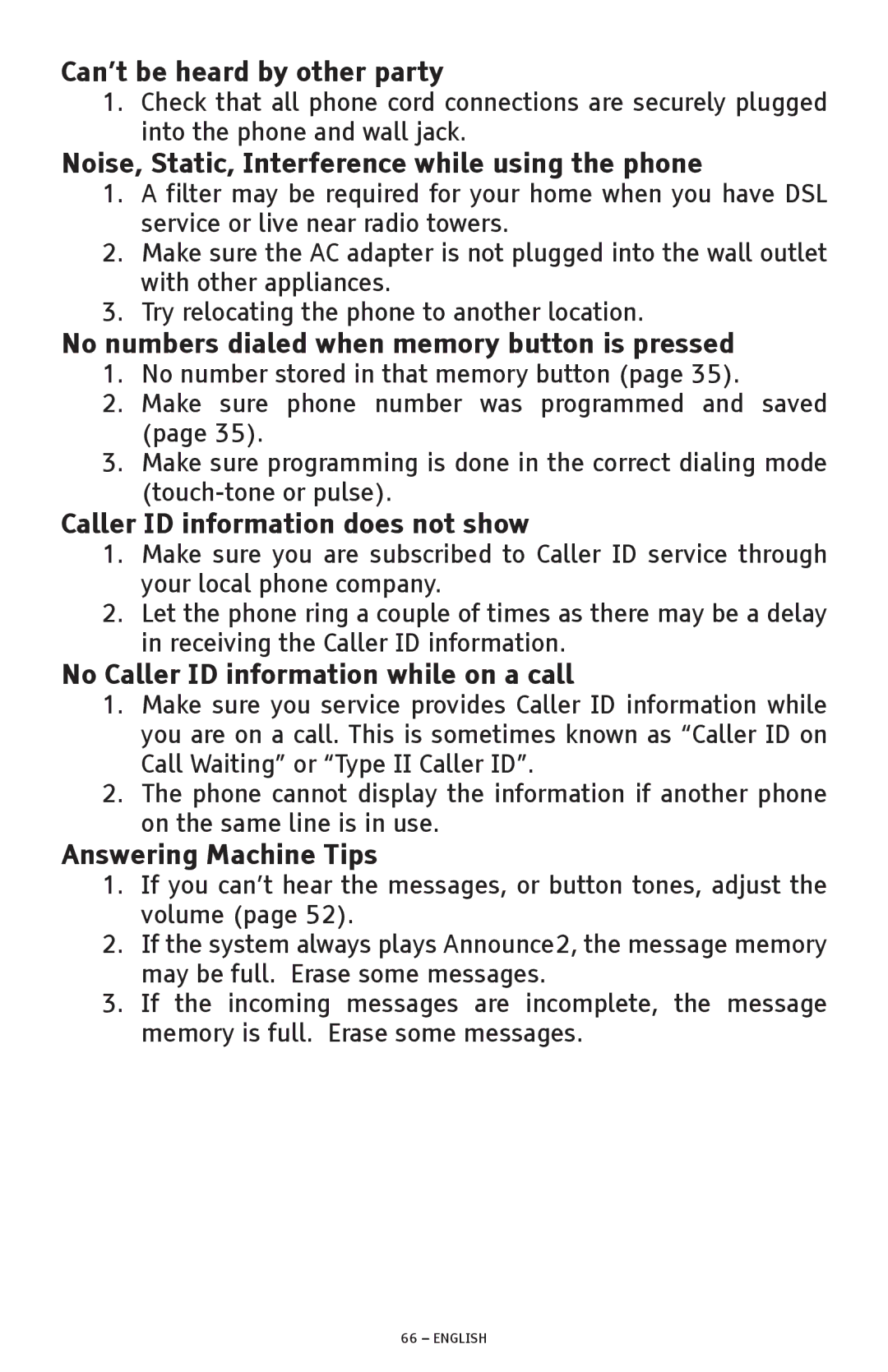 ClearSounds A600 Can’t be heard by other party, Noise, Static, Interference while using the phone, Answering Machine Tips 