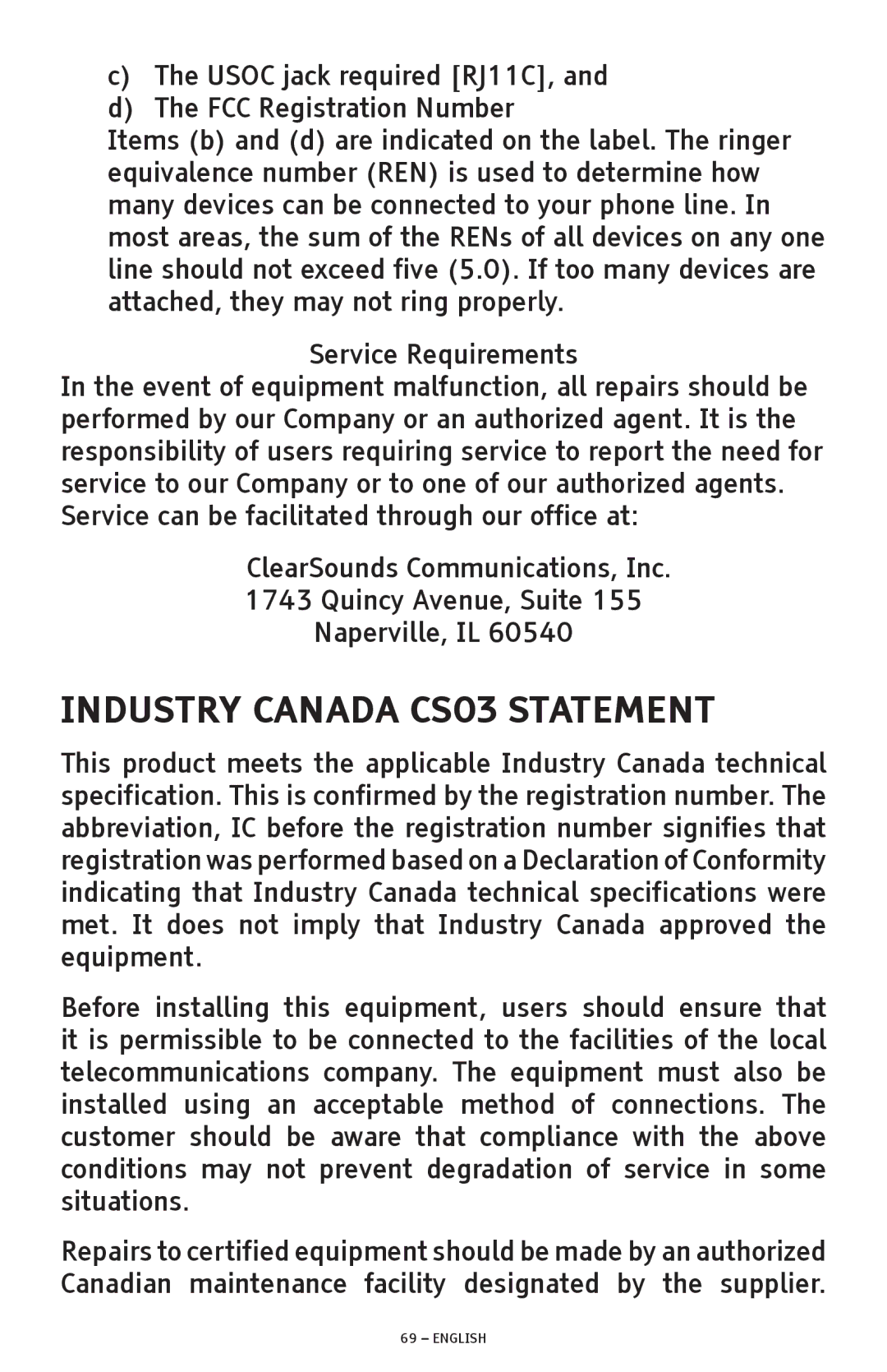 ClearSounds A600 manual Industry Canada CS03 Statement 