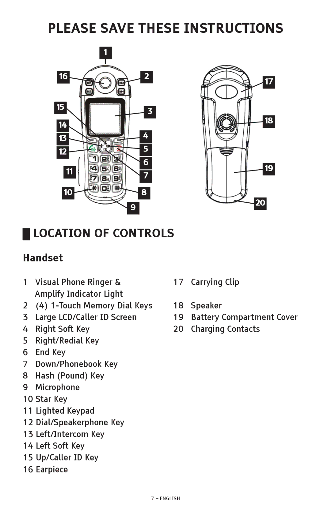 ClearSounds A600 manual Please Save These Instructions, Handset 