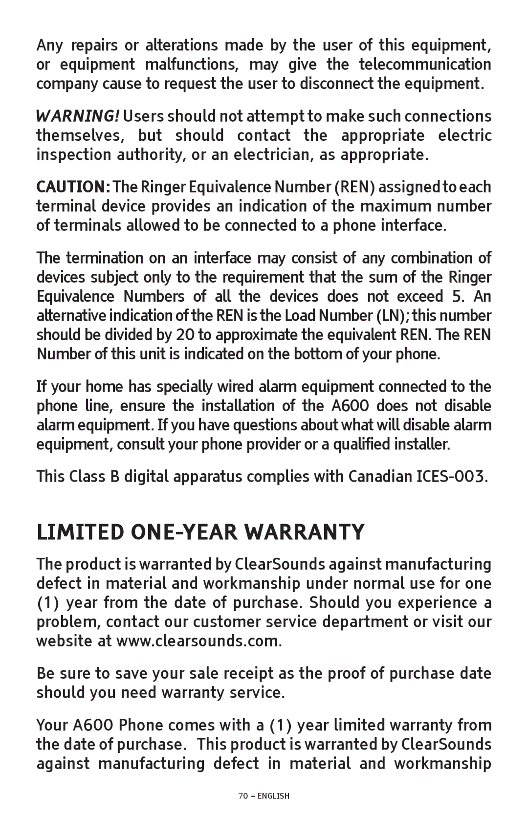 ClearSounds A600 manual Limited ONE-YEAR Warranty 