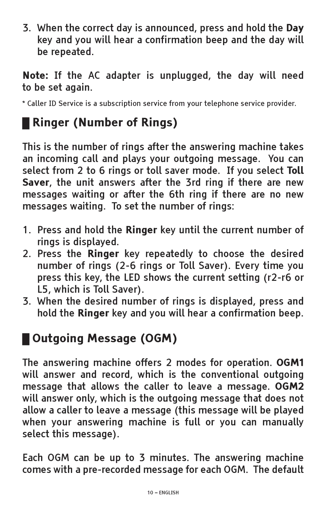 ClearSounds ANS3000 manual Ringer Number of Rings, Outgoing Message OGM 