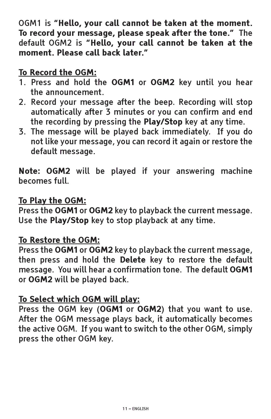 ClearSounds ANS3000 manual To Play the OGM 