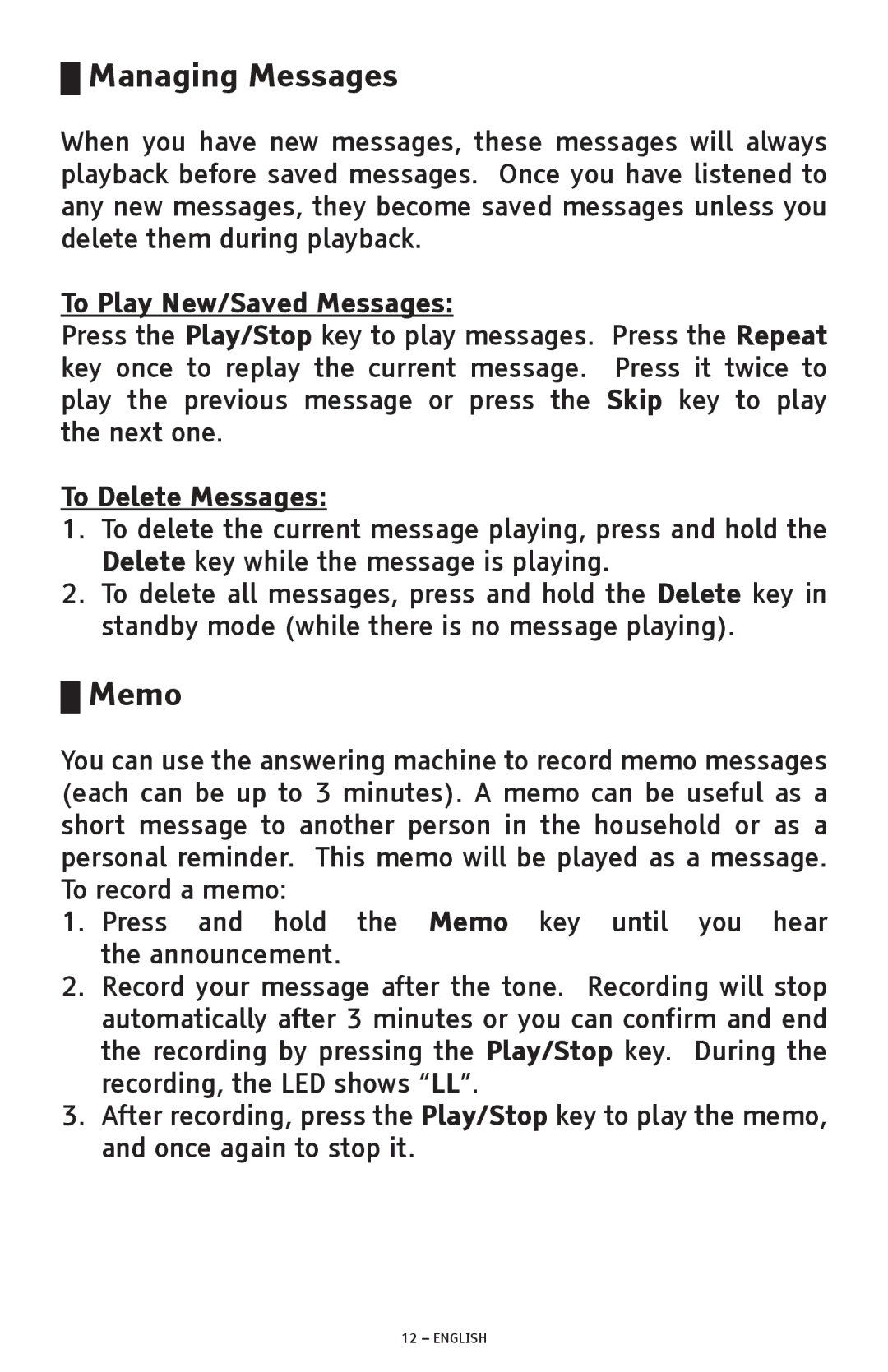 ClearSounds ANS3000 manual Managing Messages, Memo 