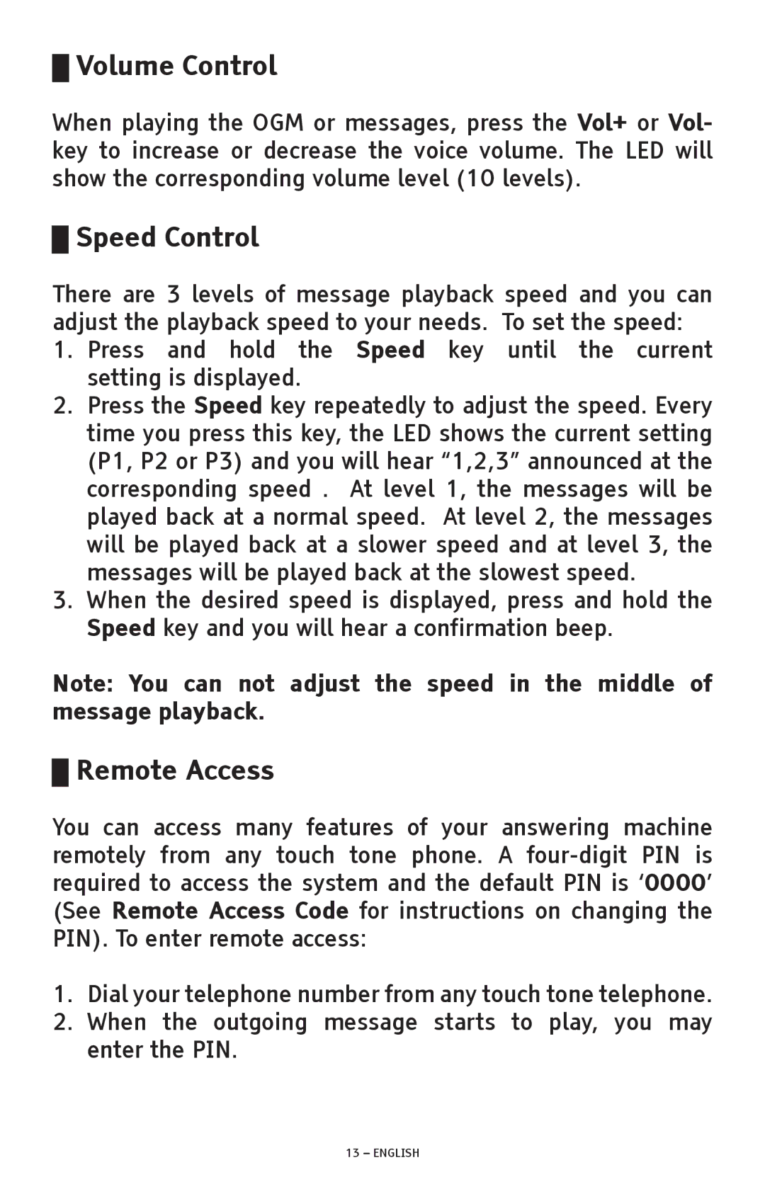 ClearSounds ANS3000 manual Volume Control, Speed Control, Remote Access 