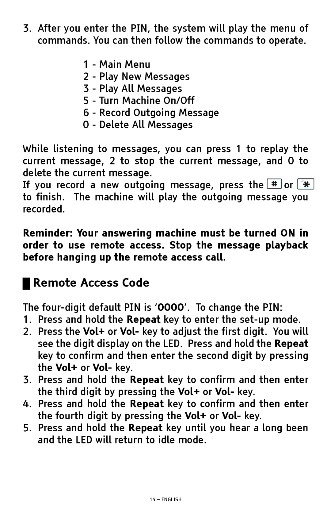 ClearSounds ANS3000 manual Remote Access Code 