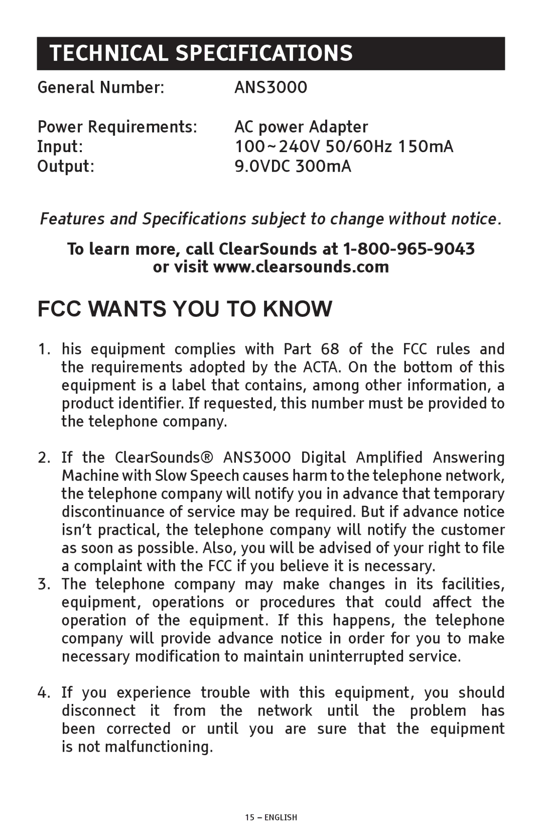 ClearSounds ANS3000 manual Technical Specifications, FCC Wants YOU to Know 