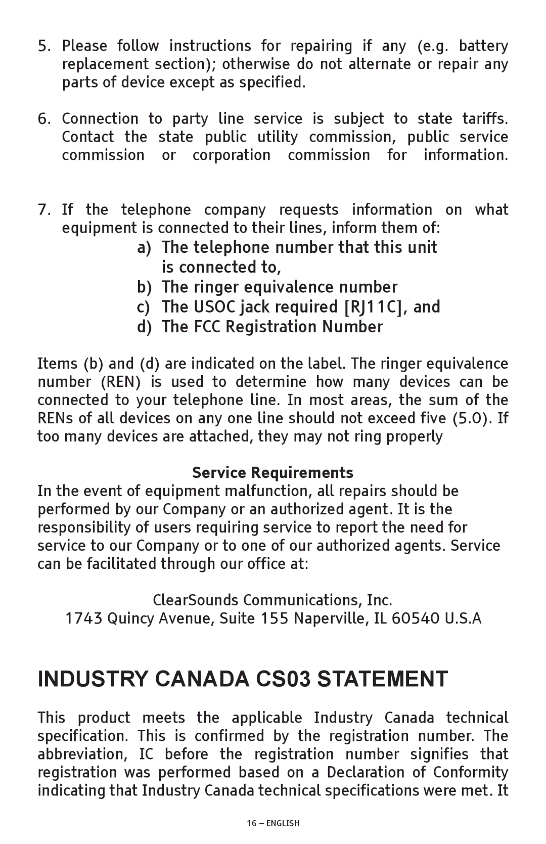 ClearSounds ANS3000 manual Industry Canada CS03 Statement, Service Requirements 