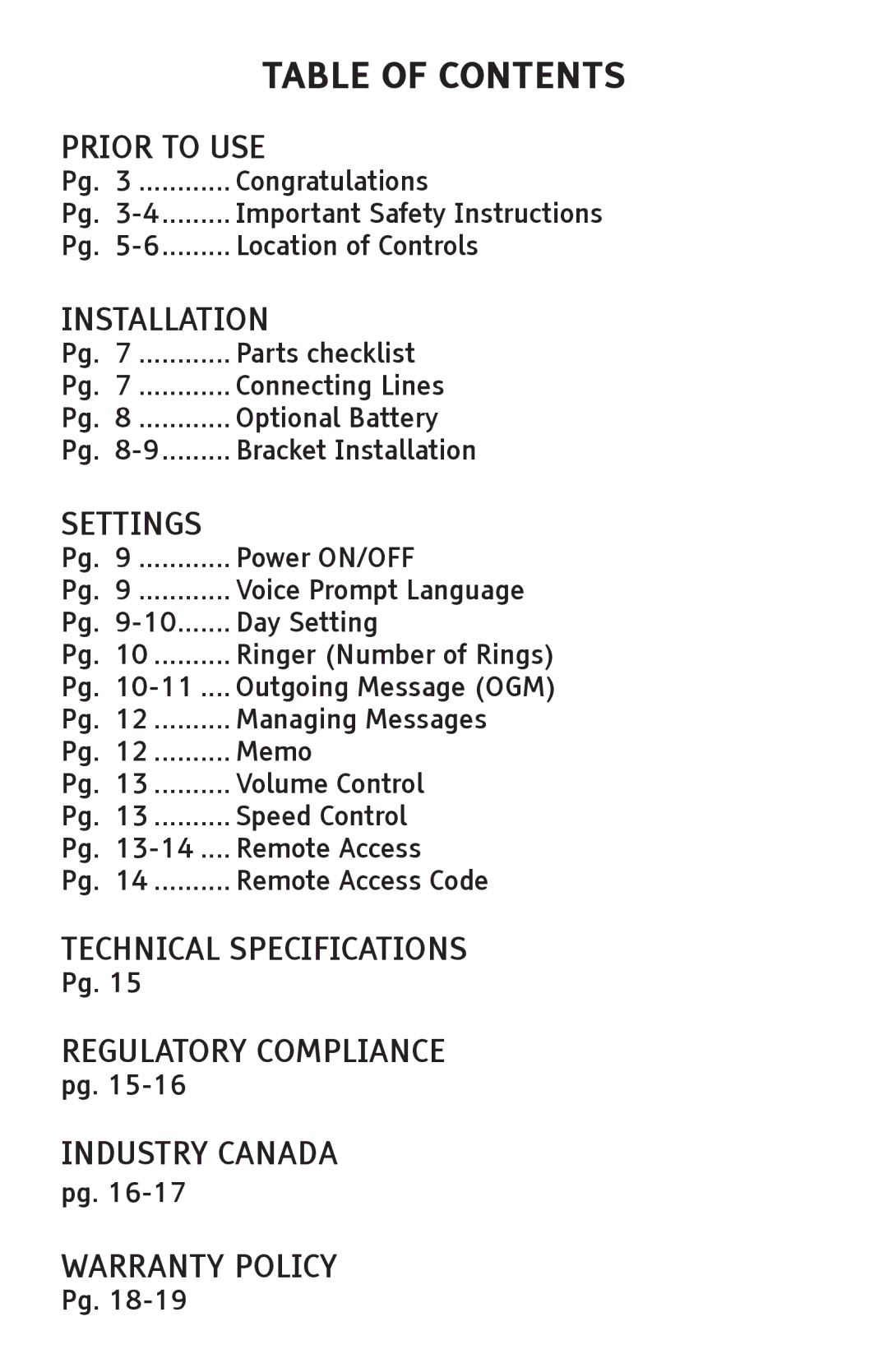 ClearSounds ANS3000 manual Table of Contents 