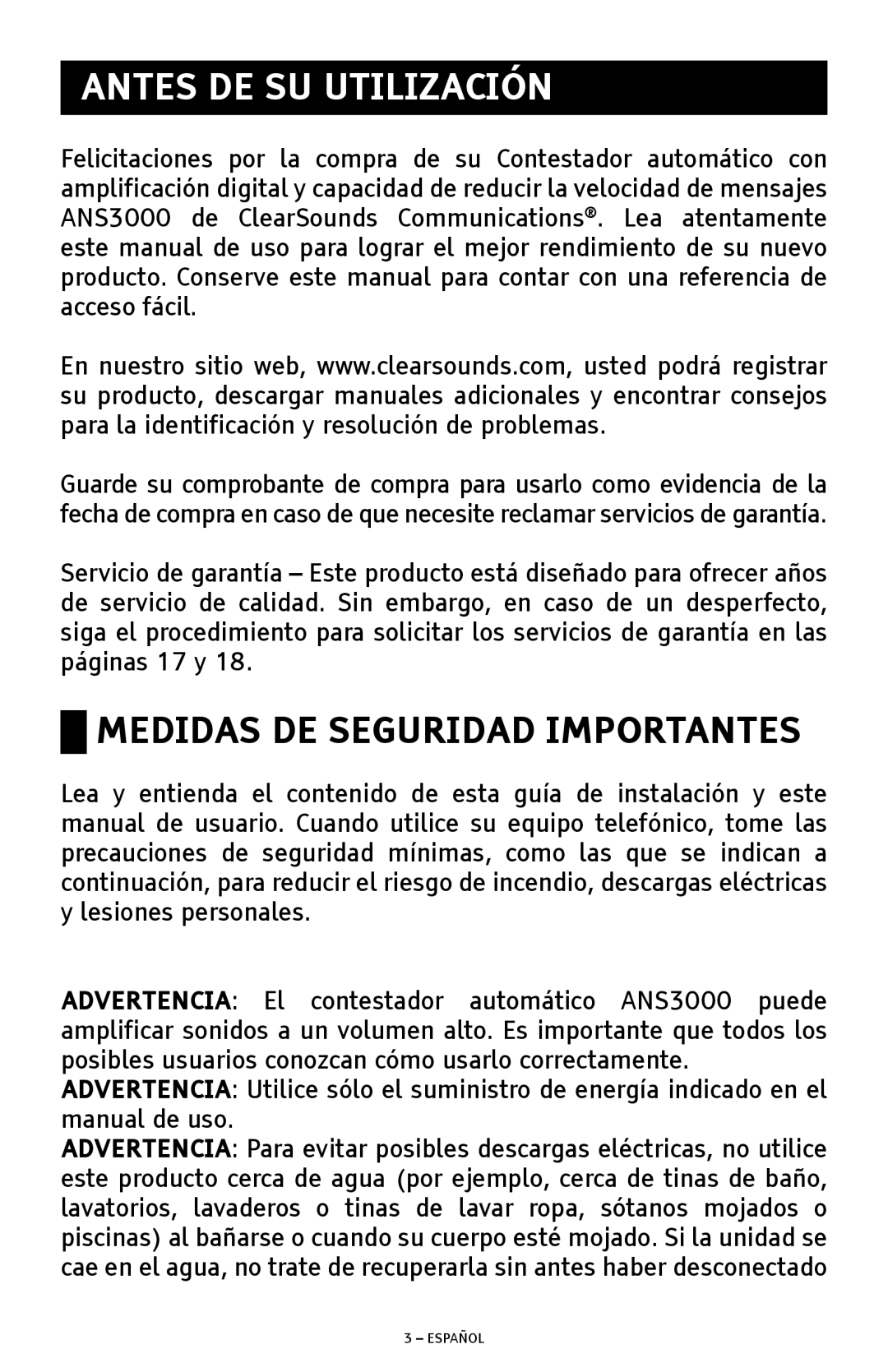 ClearSounds ANS3000 manual Antes DE SU Utilización, Medidas DE Seguridad Importantes 