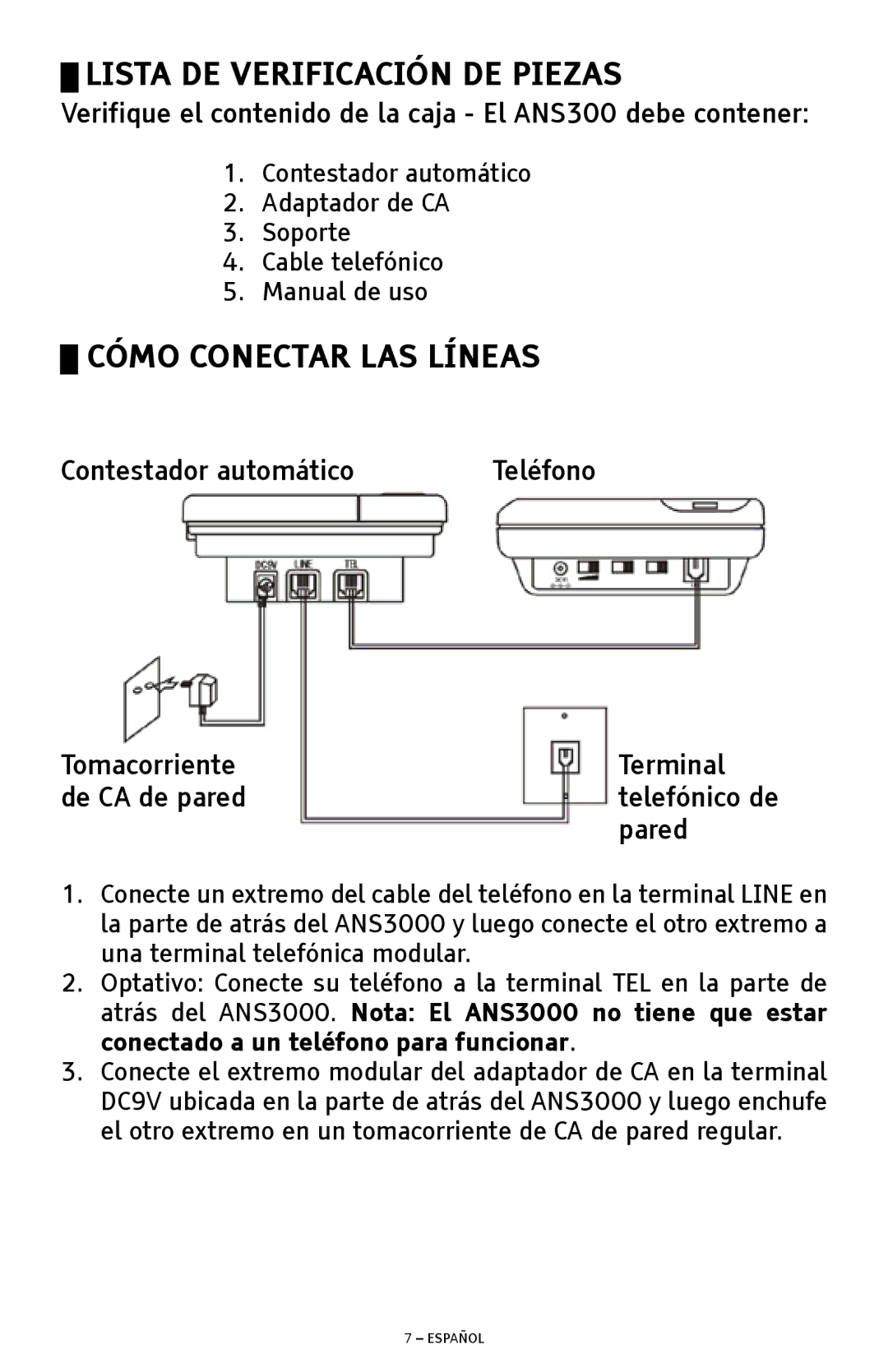 ClearSounds ANS3000 manual Lista DE Verificación DE Piezas, Cómo Conectar LAS Líneas 