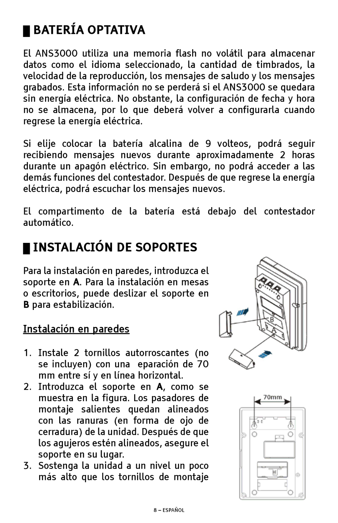 ClearSounds ANS3000 manual Batería Optativa, Instalación DE Soportes 