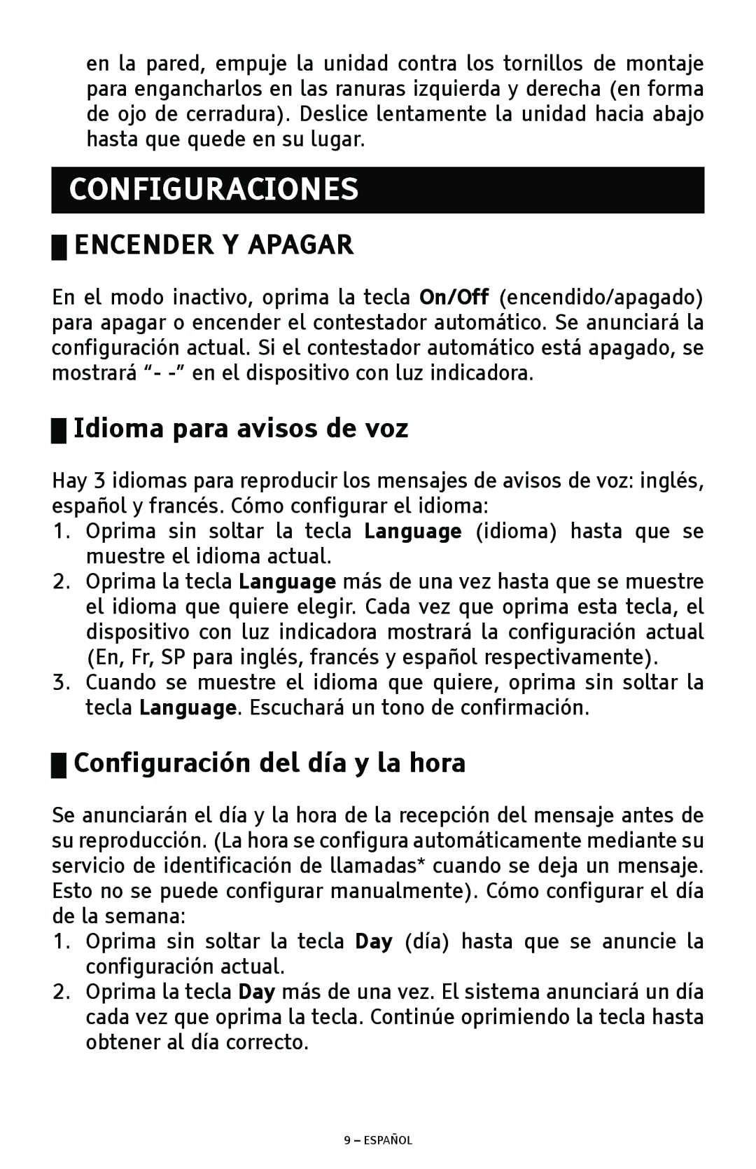 ClearSounds ANS3000 manual Configuraciones, Encender Y Apagar, Idioma para avisos de voz, Configuración del día y la hora 