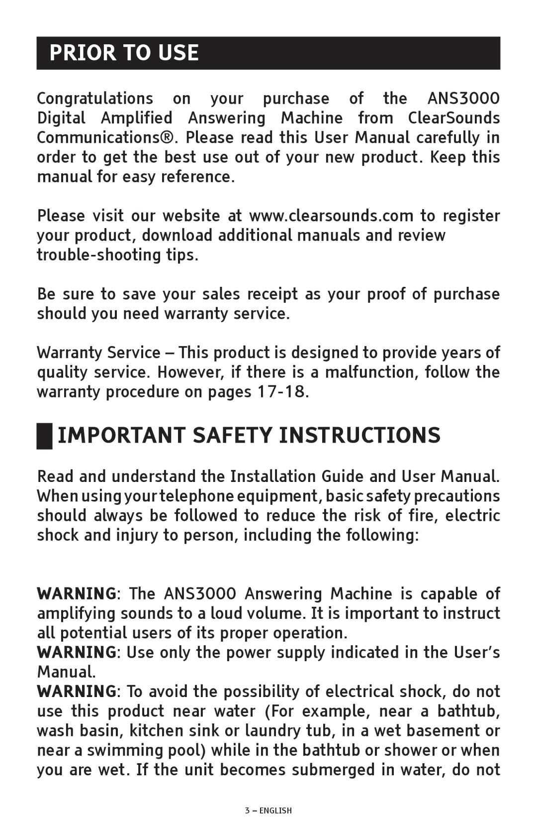 ClearSounds ANS3000 manual Prior to USE, Important Safety Instructions 