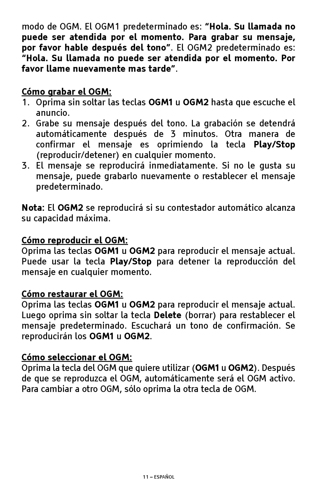 ClearSounds ANS3000 manual Cómo reproducir el OGM, Cómo restaurar el OGM, Cómo seleccionar el OGM 