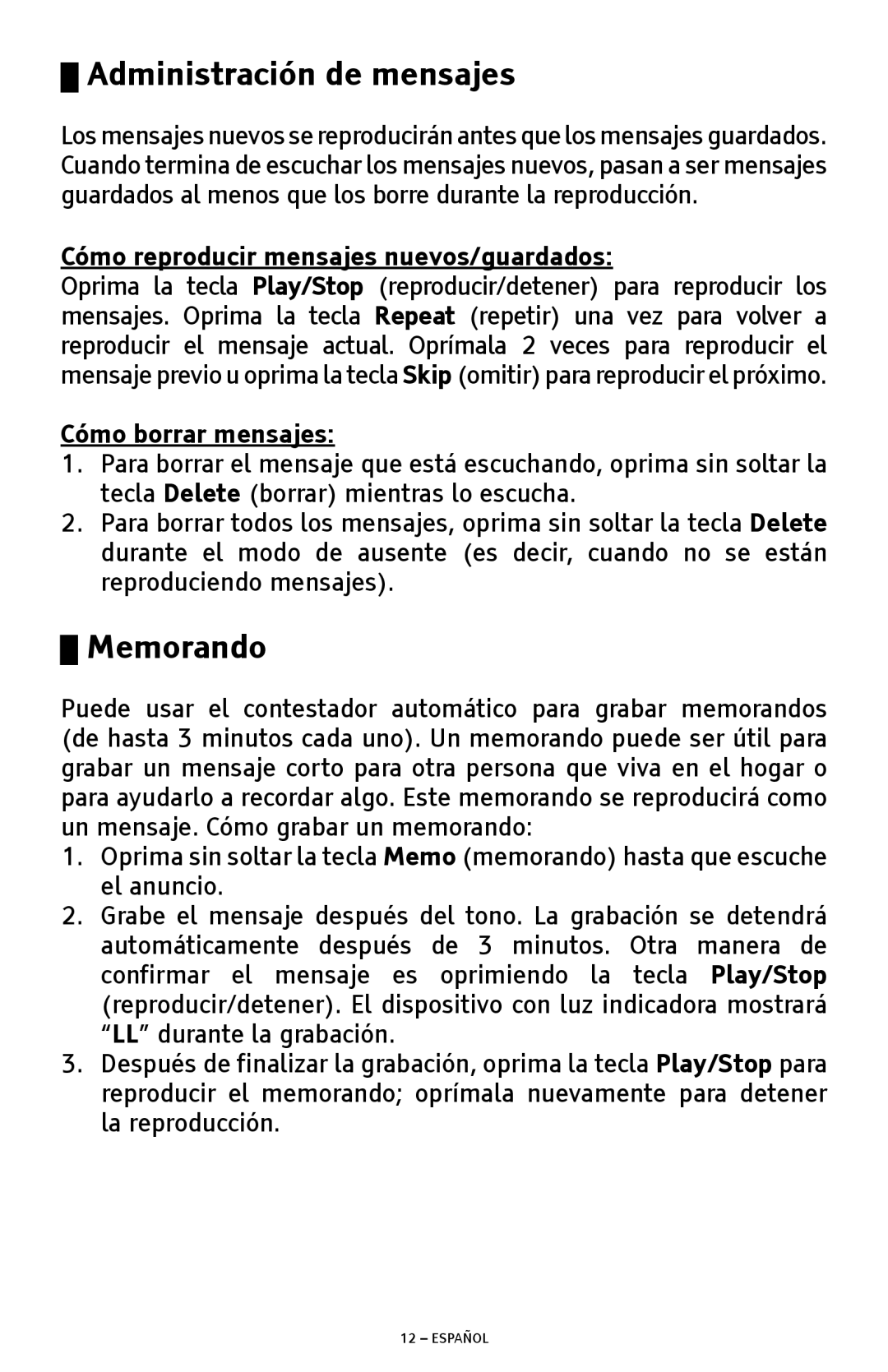 ClearSounds ANS3000 Administración de mensajes, Memorando, Cómo reproducir mensajes nuevos/guardados, Cómo borrar mensajes 