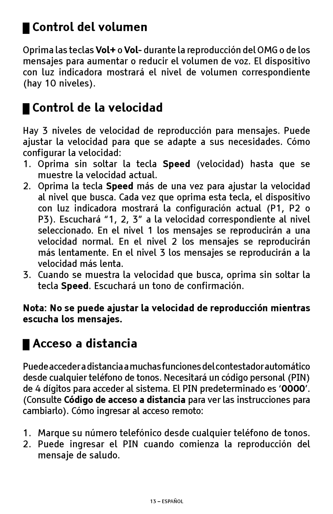 ClearSounds ANS3000 manual Control del volumen, Control de la velocidad, Acceso a distancia 