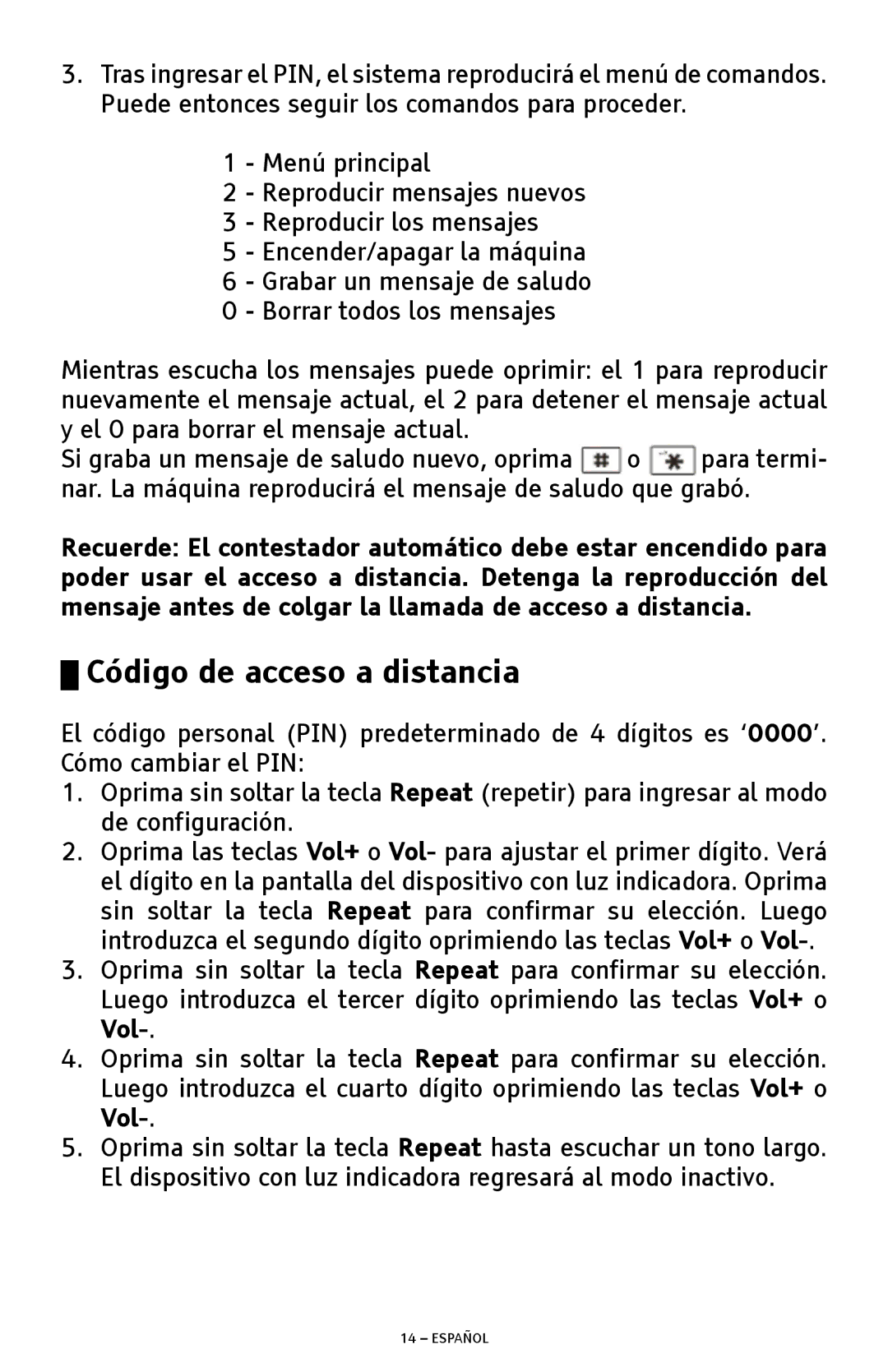 ClearSounds ANS3000 manual Código de acceso a distancia 