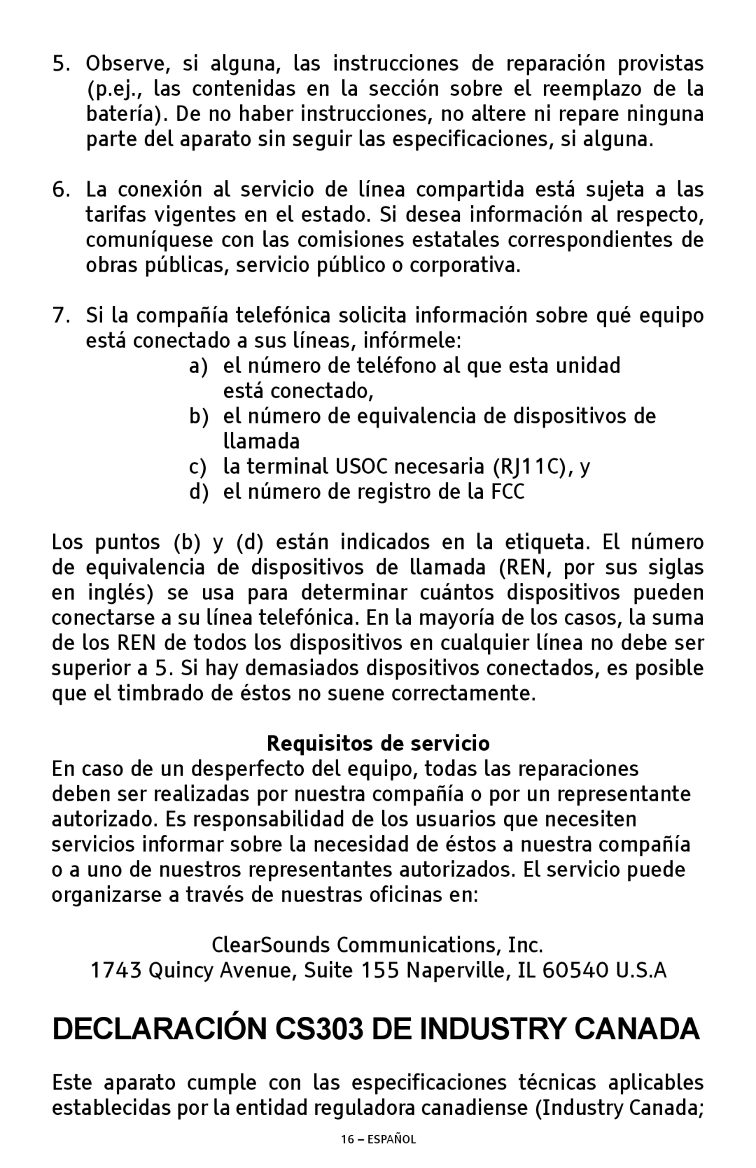 ClearSounds ANS3000 manual Declaración CS303 DE Industry Canada, Requisitos de servicio 