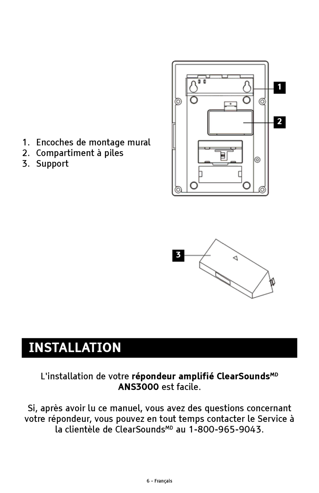 ClearSounds ANS3000 manual Installation, Linstallation de votre répondeur amplifié ClearSoundsMD 