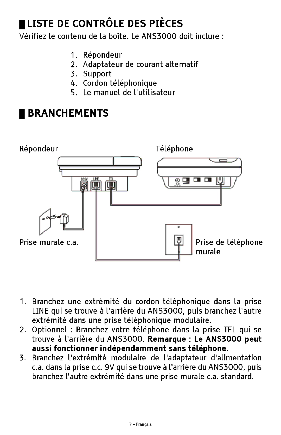 ClearSounds ANS3000 manual Liste DE Contrôle DES Pièces, Branchements 