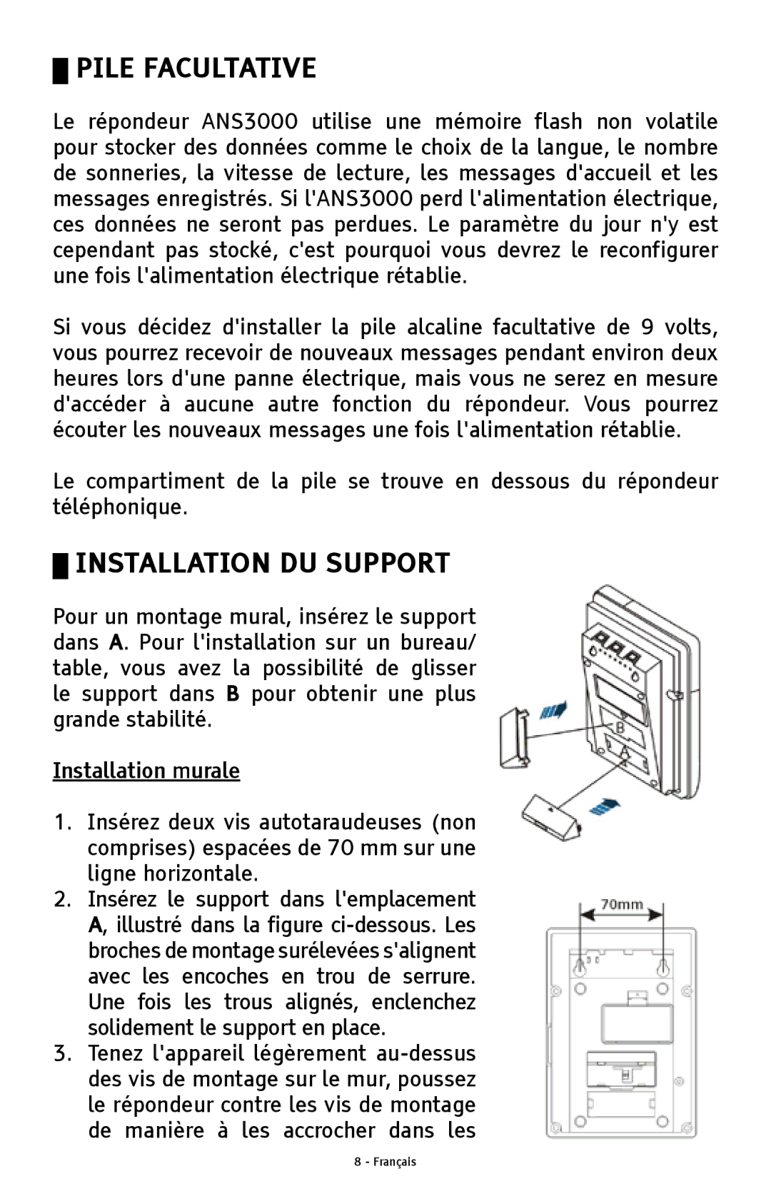 ClearSounds ANS3000 manual Pile Facultative, Installation DU Support, Installation murale 