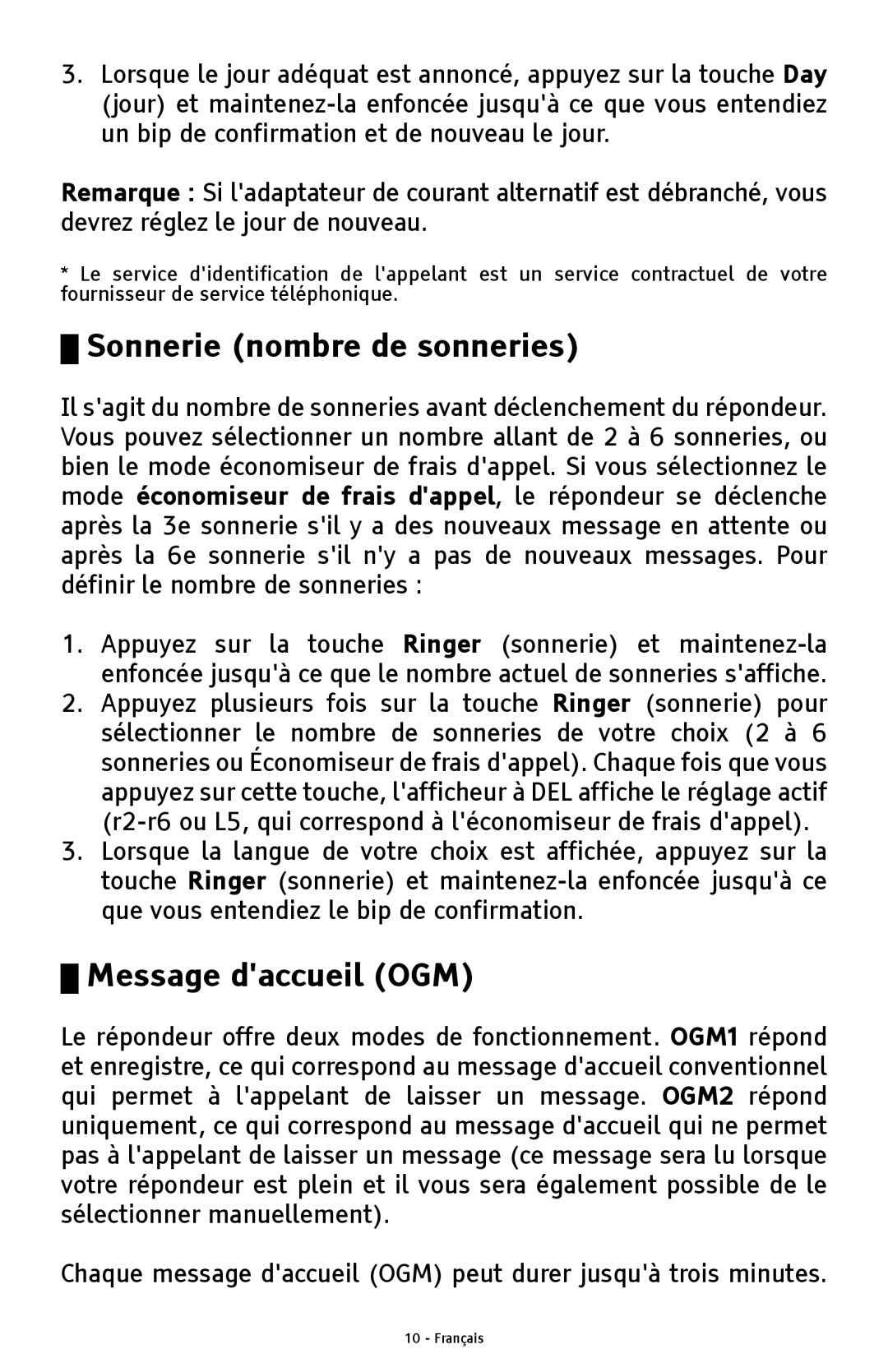 ClearSounds ANS3000 manual Sonnerie nombre de sonneries, Message daccueil OGM 