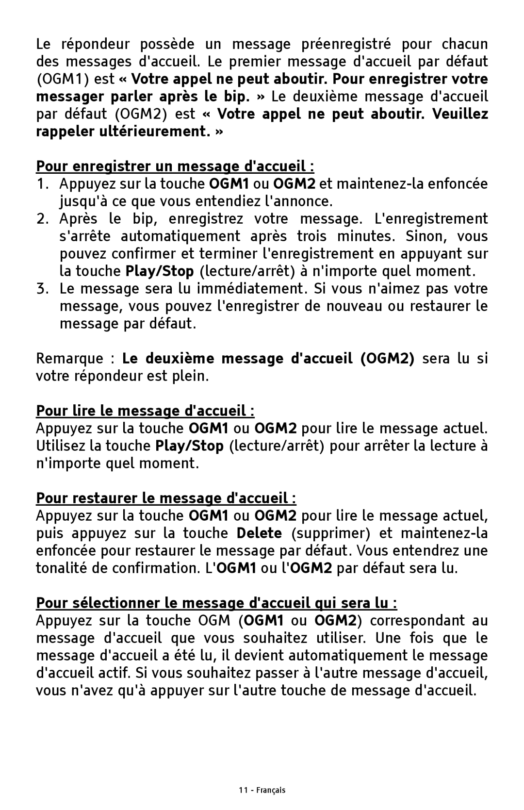 ClearSounds ANS3000 manual Pour enregistrer un message daccueil, Pour lire le message daccueil 