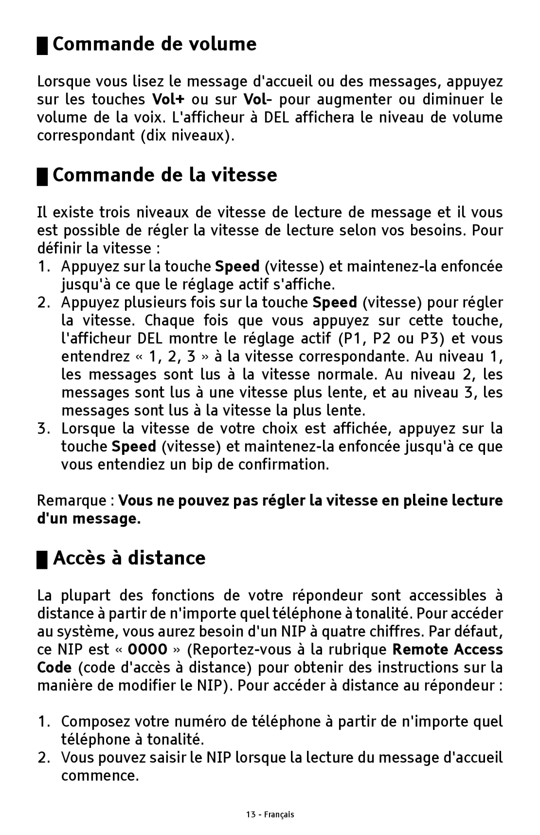 ClearSounds ANS3000 manual Commande de volume, Commande de la vitesse, Accès à distance 