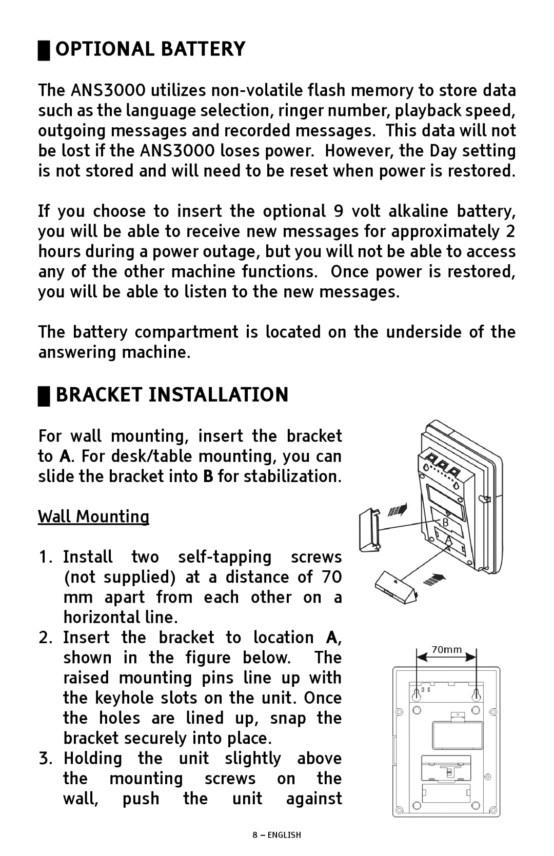 ClearSounds ANS3000 manual Optional Battery, Bracket Installation 