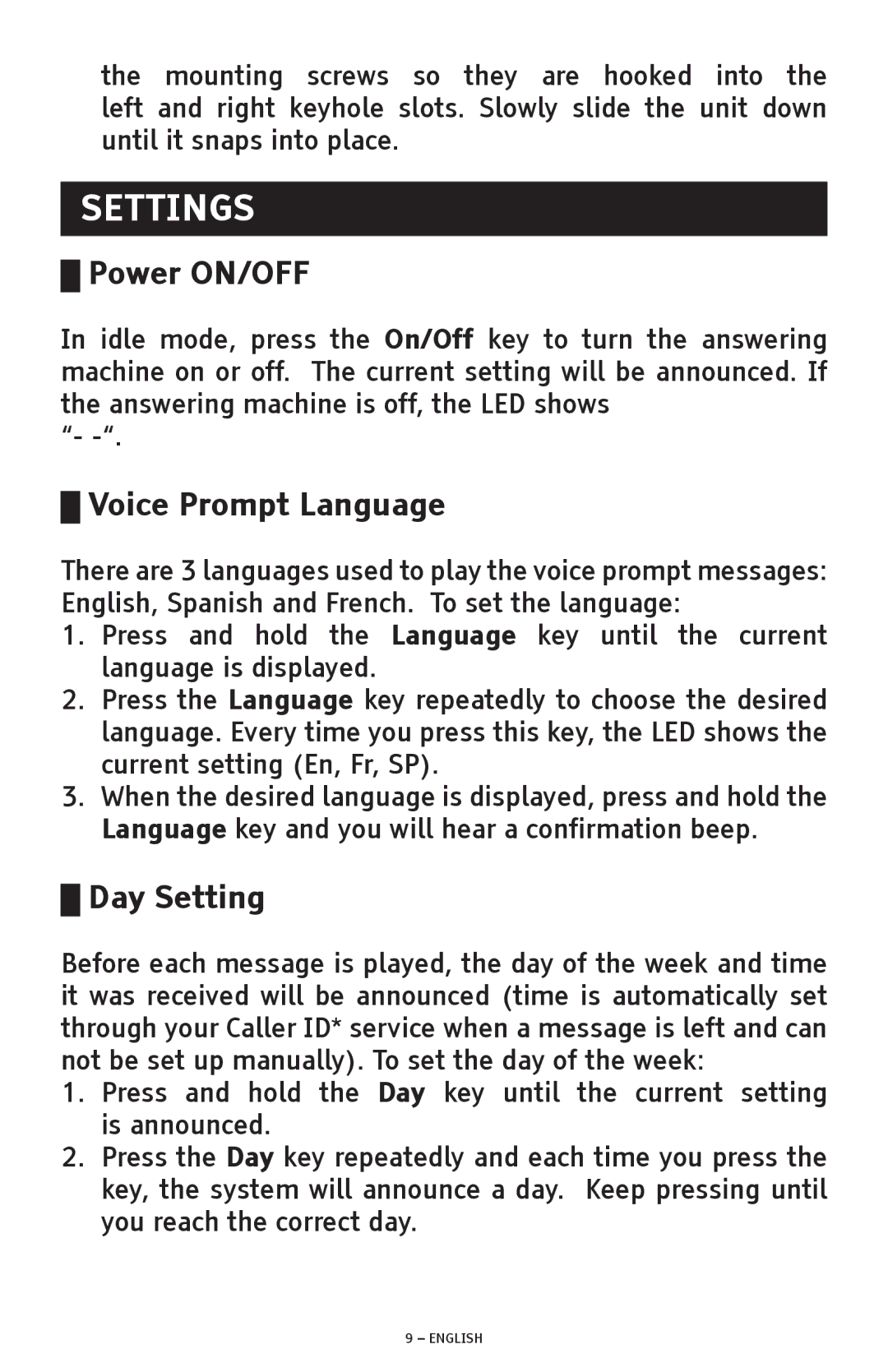 ClearSounds ANS3000 manual Settings, Power ON/OFF, Voice Prompt Language, Day Setting 