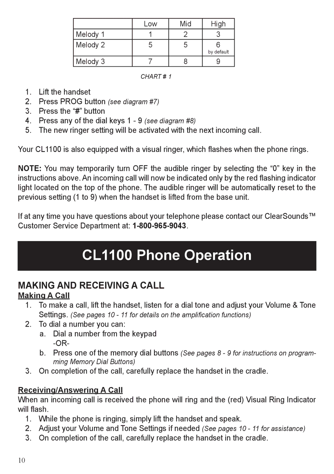 ClearSounds user manual CL1100 Phone Operation, Making and Receiving a Call, Making a Call, Receiving/Answering a Call 