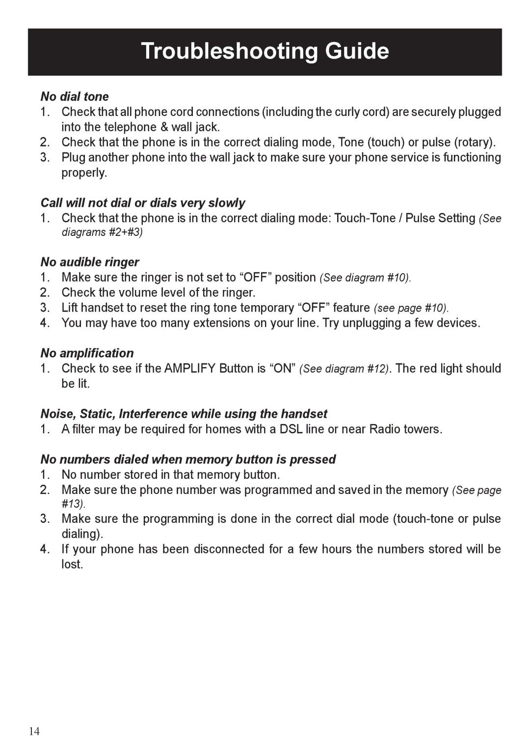 ClearSounds CL1100 user manual Troubleshooting Guide, No dial tone 