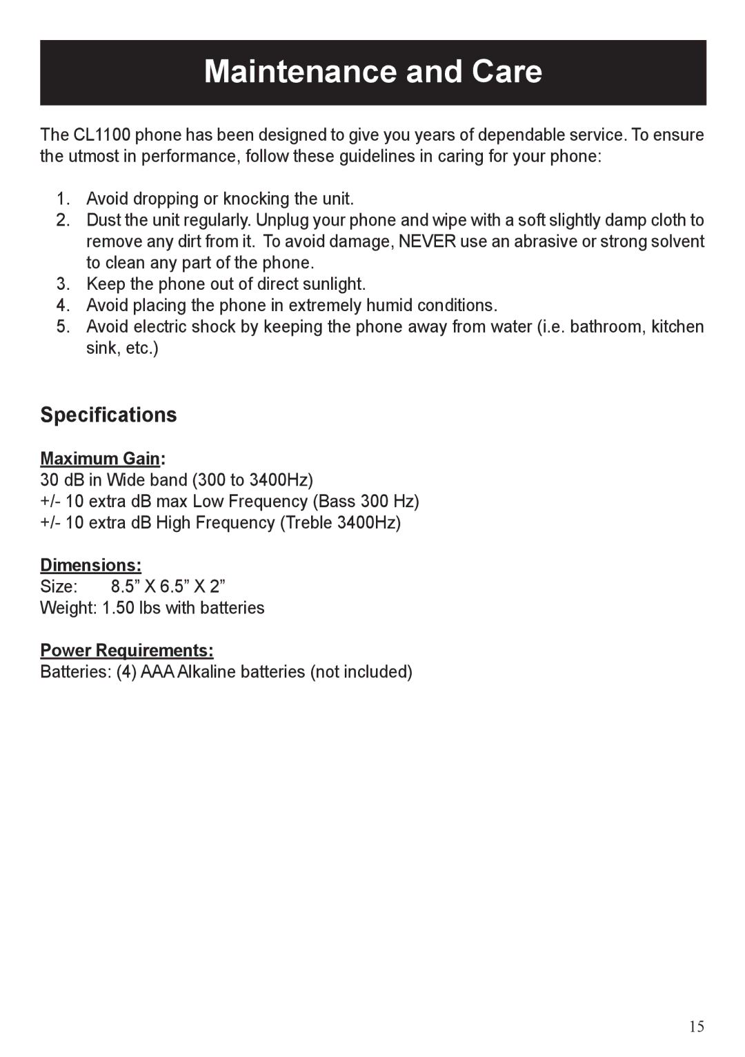 ClearSounds CL1100 user manual Maintenance and Care, Maximum Gain, Dimensions, Power Requirements 