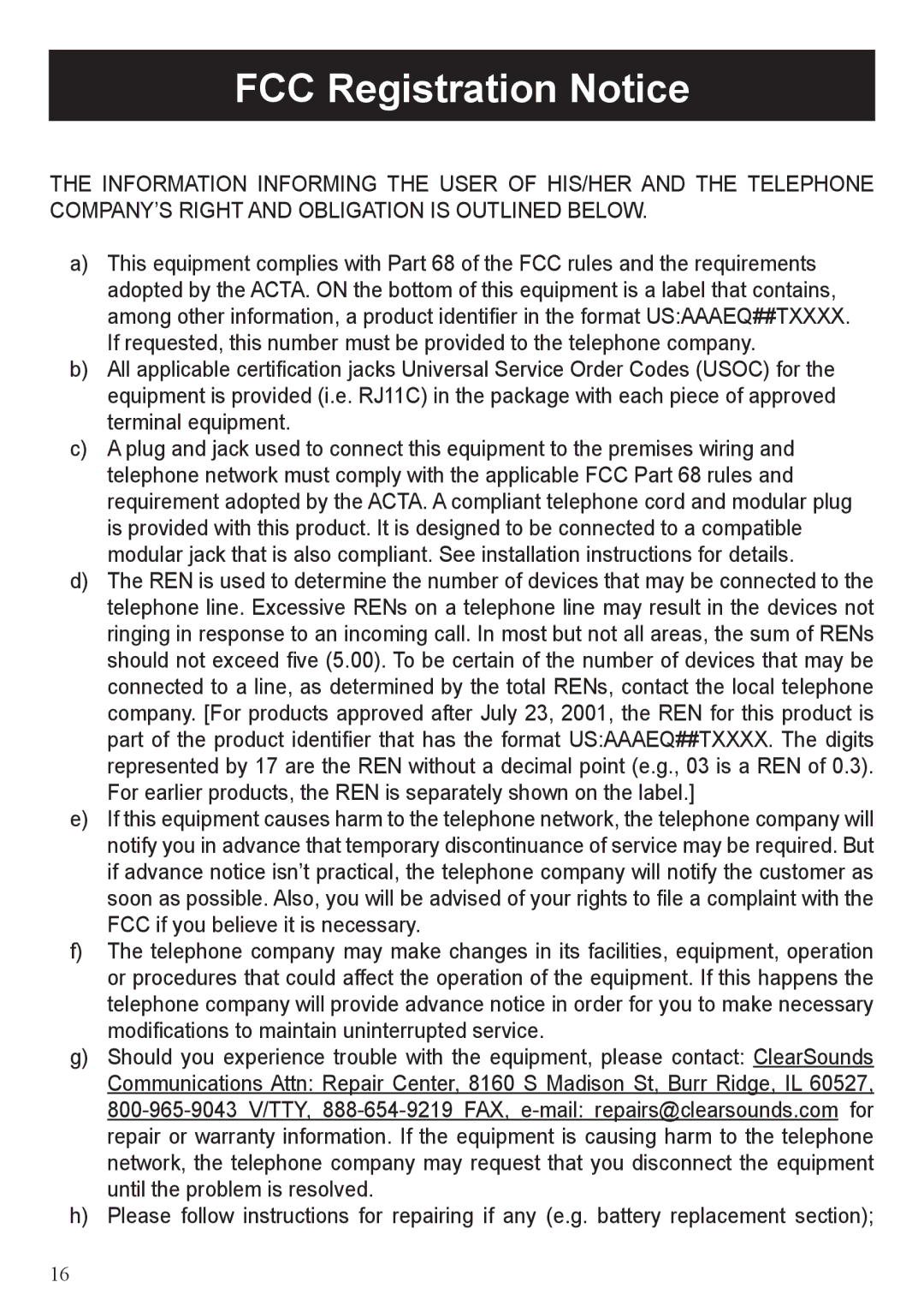 ClearSounds CL1100 user manual FCC Registration Notice 