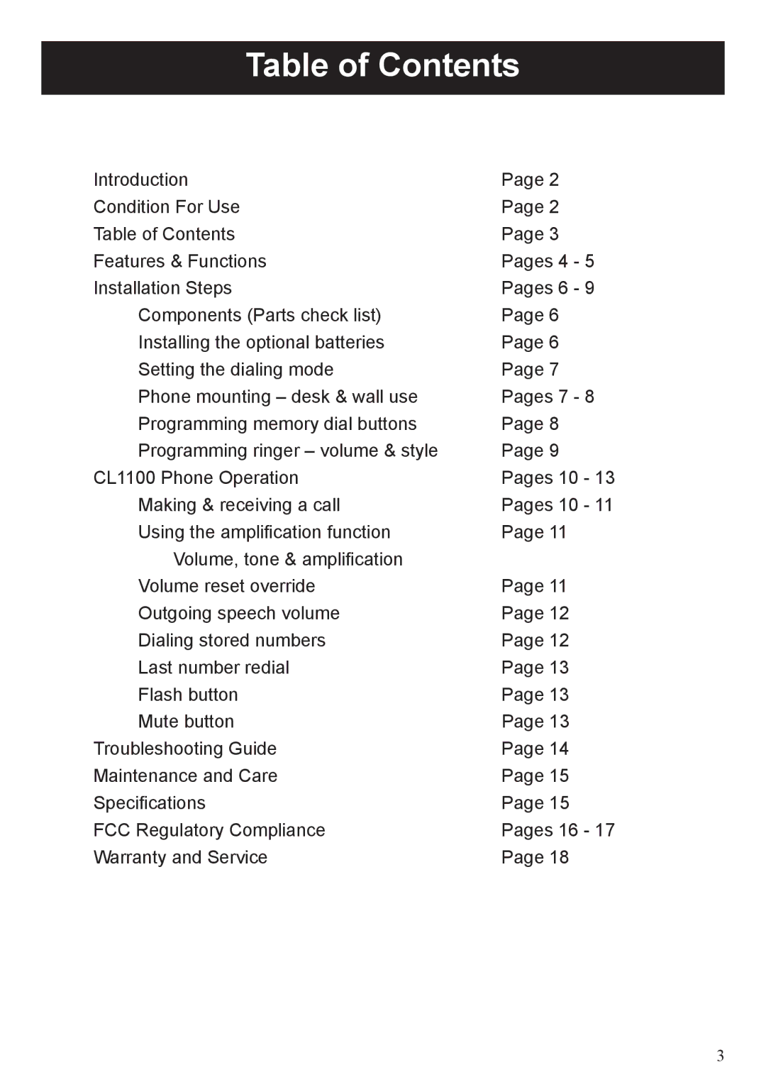 ClearSounds CL1100 user manual Table of Contents 