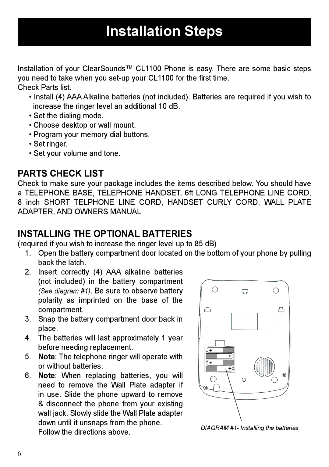 ClearSounds CL1100 user manual Installation Steps, Parts Check List Installing the Optional Batteries 