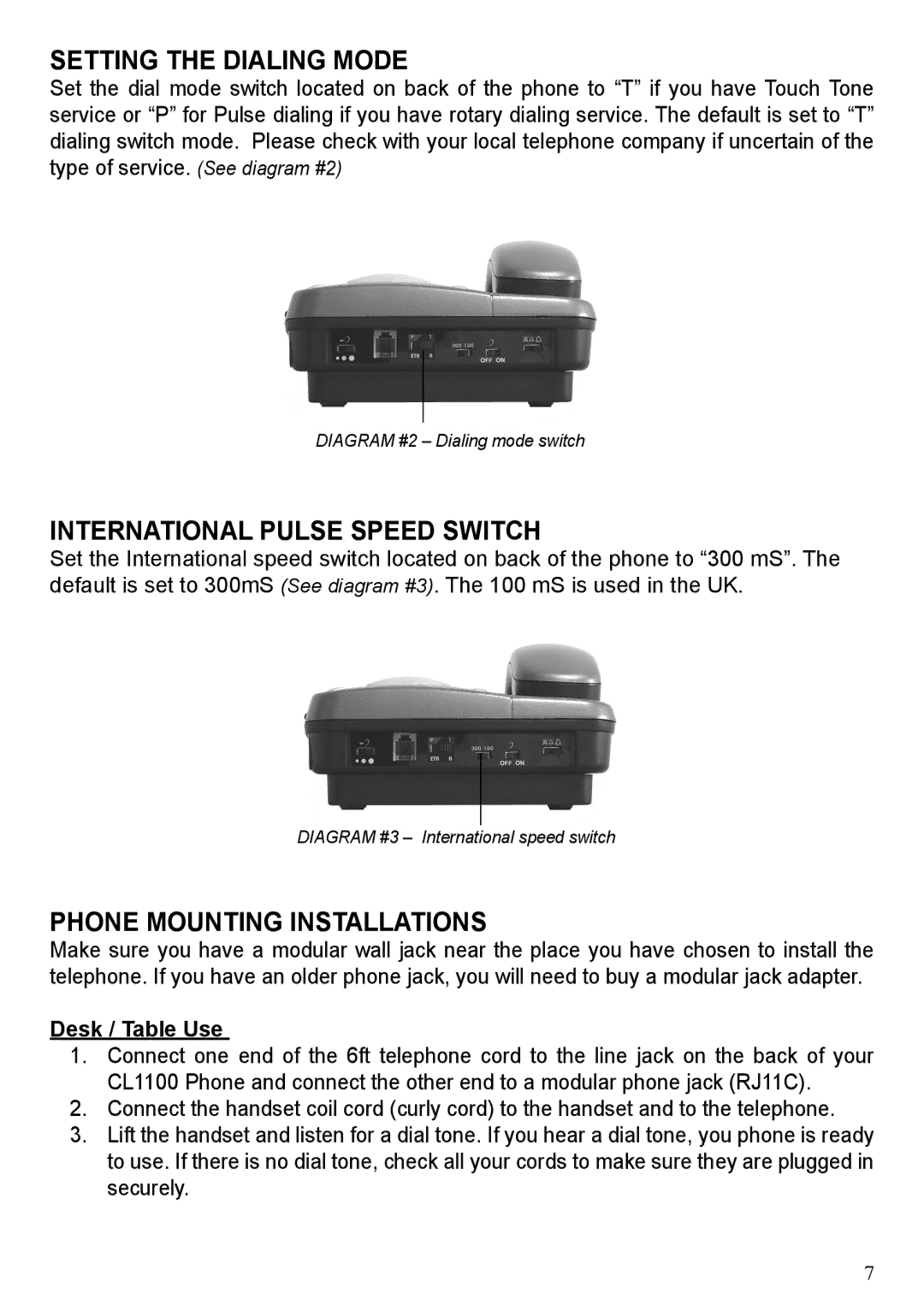 ClearSounds CL1100 user manual Setting the Dialing Mode, International Pulse Speed Switch, Phone Mounting Installations 