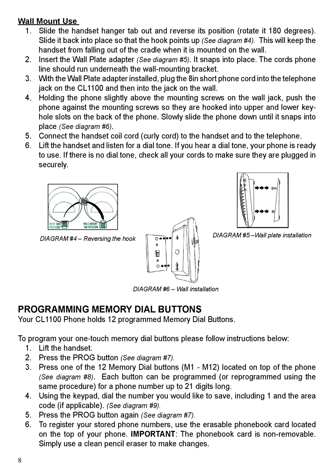 ClearSounds CL1100 user manual Programming Memory Dial Buttons, Wall Mount Use 
