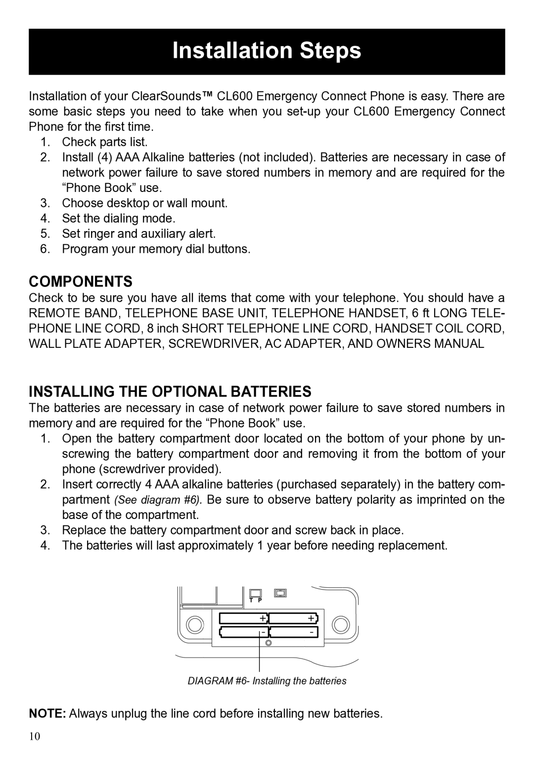 ClearSounds CL600 manual Installation Steps, Components, Installing the Optional Batteries 