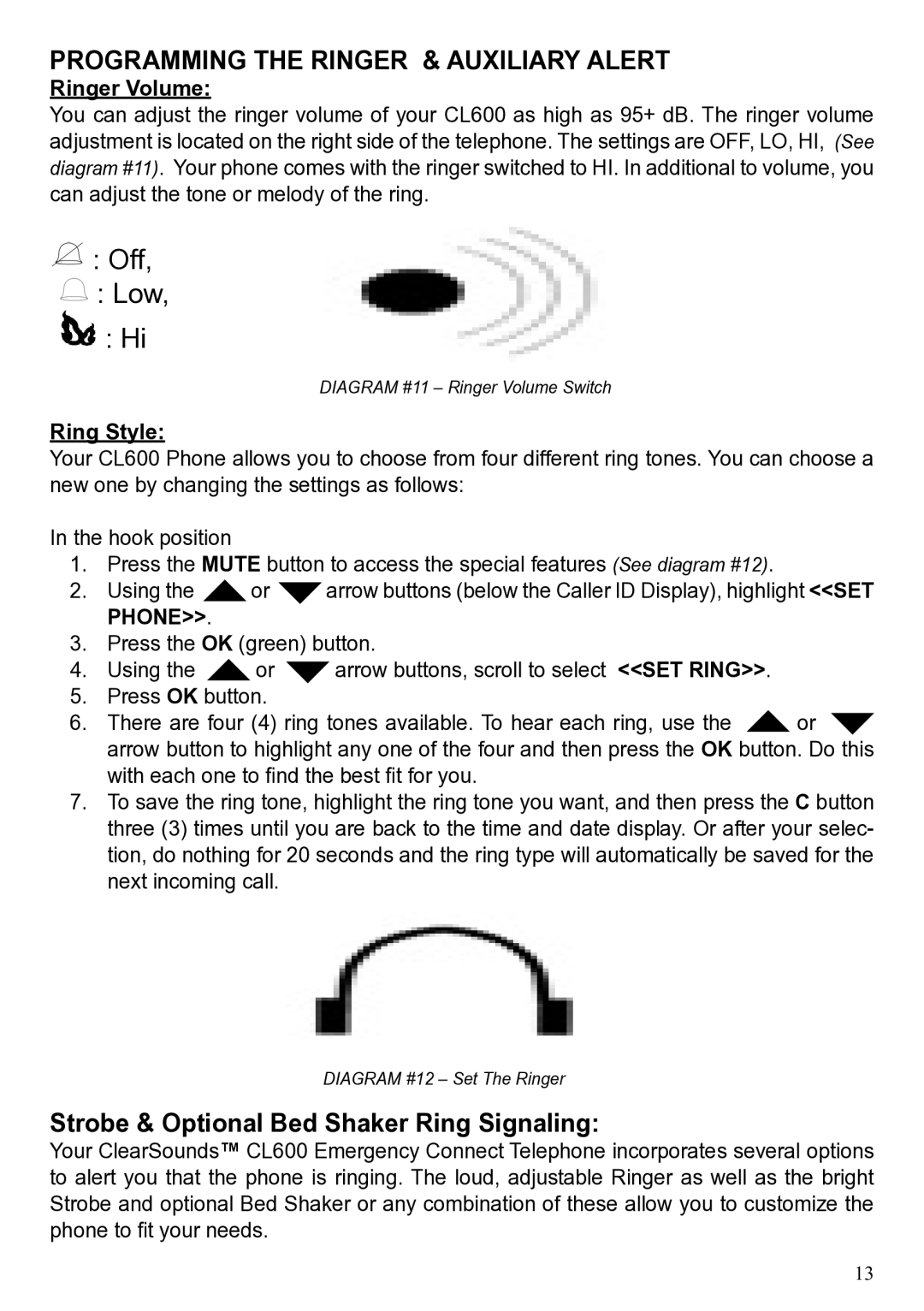 ClearSounds CL600 Programming the Ringer & Auxiliary Alert, Strobe & Optional Bed Shaker Ring Signaling, Ringer Volume 