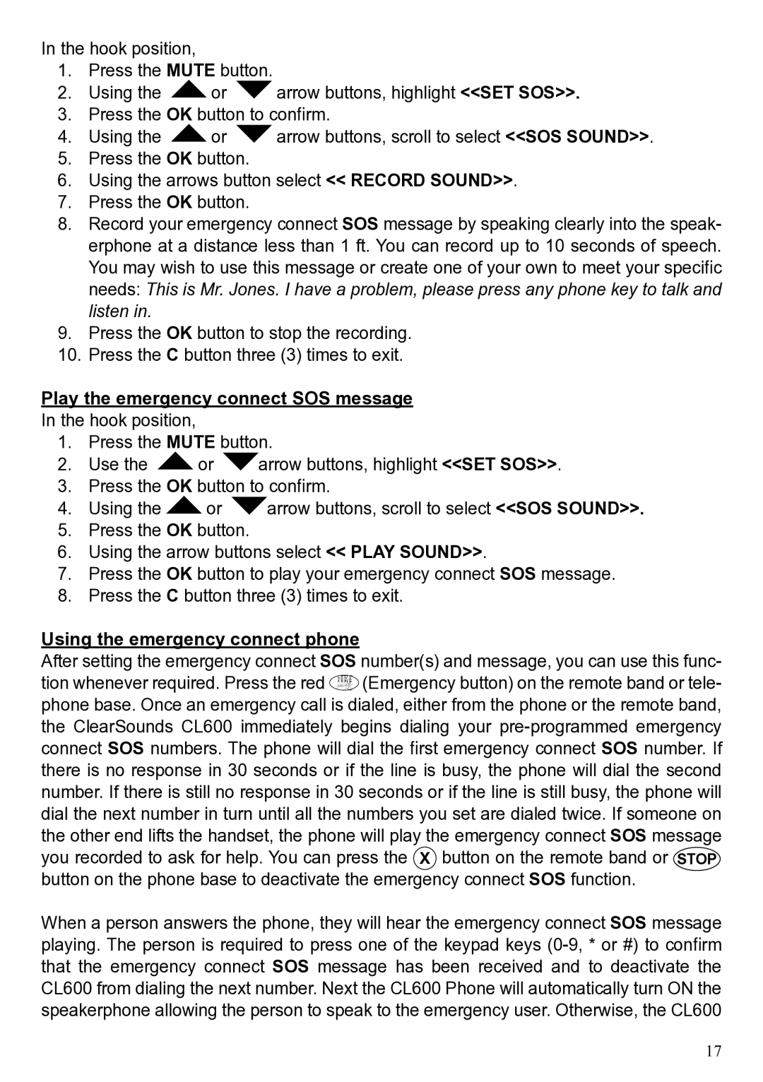 ClearSounds CL600 manual Play the emergency connect SOS message, Using the emergency connect phone 