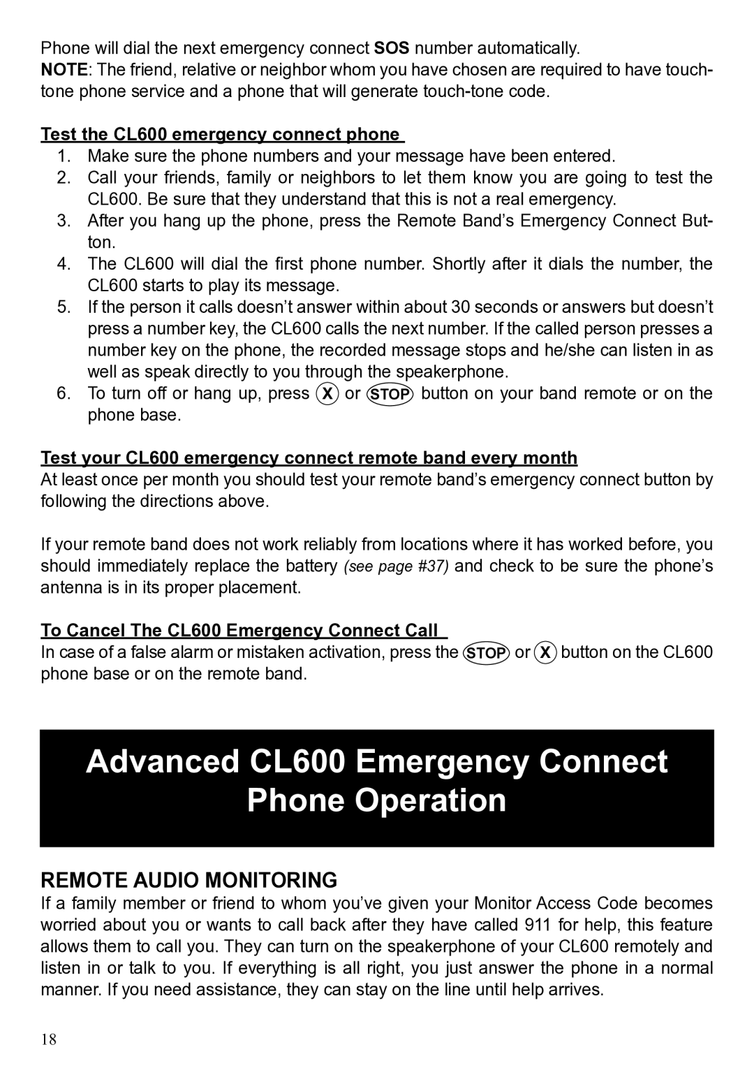 ClearSounds manual Advanced CL600 Emergency Connect Phone Operation, Remote Audio Monitoring 