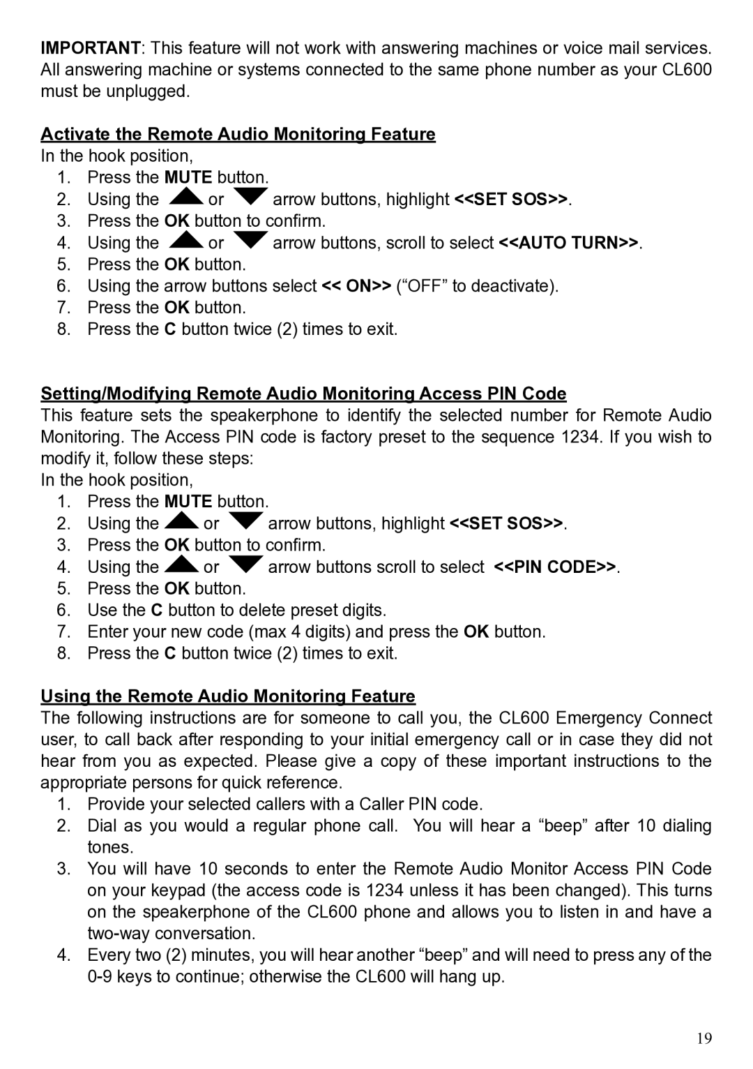 ClearSounds CL600 Activate the Remote Audio Monitoring Feature, Setting/Modifying Remote Audio Monitoring Access PIN Code 