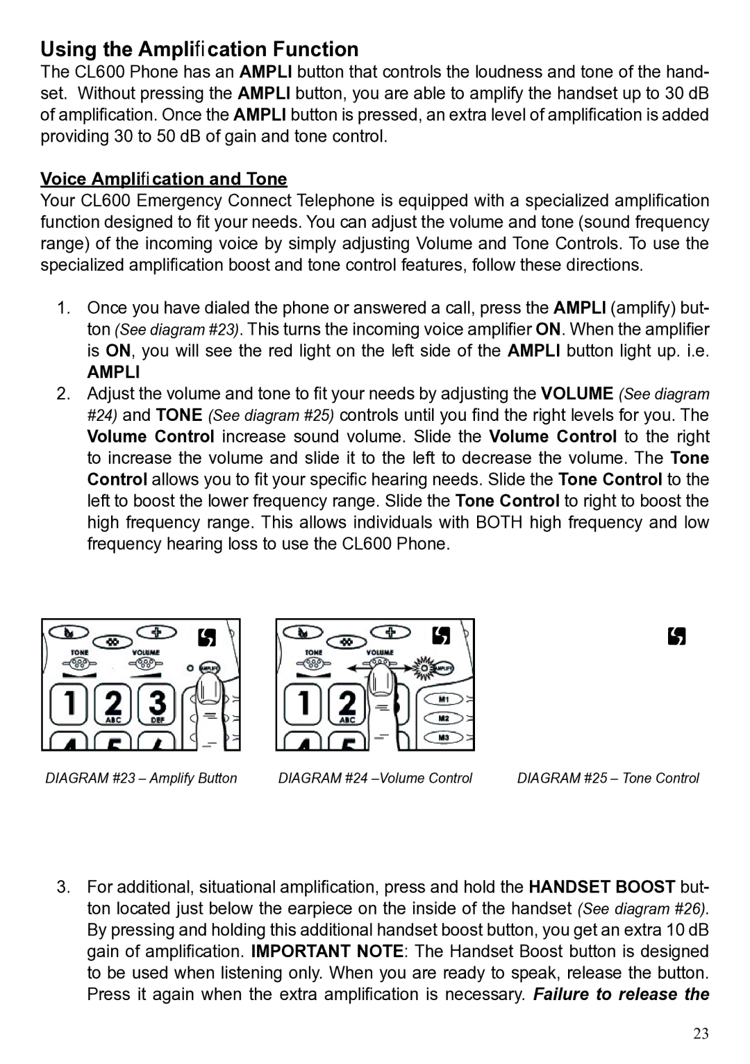 ClearSounds CL600 manual Using the Ampliﬁcation Function, Voice Ampliﬁcation and Tone 