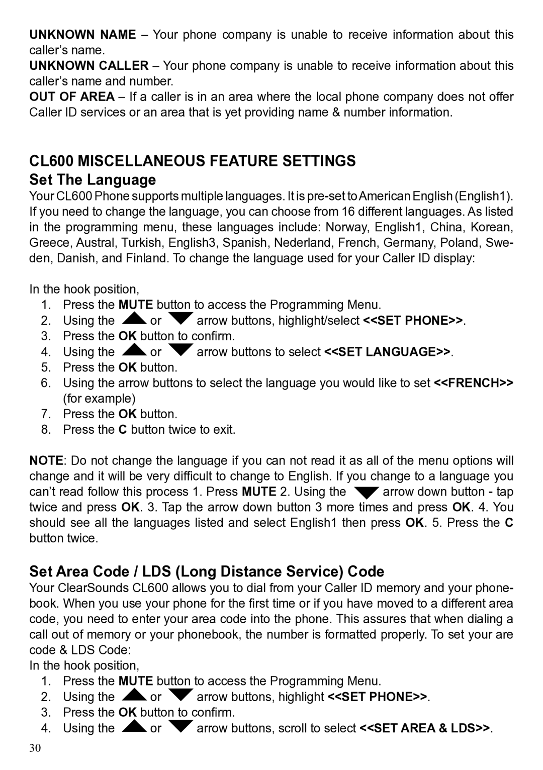 ClearSounds CL600 Miscellaneous Feature Settings, Set The Language, Set Area Code / LDS Long Distance Service Code 