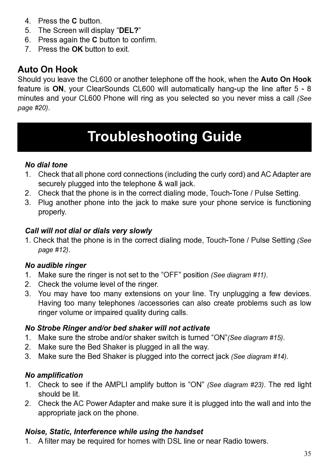 ClearSounds CL600 manual Troubleshooting Guide, Auto On Hook 