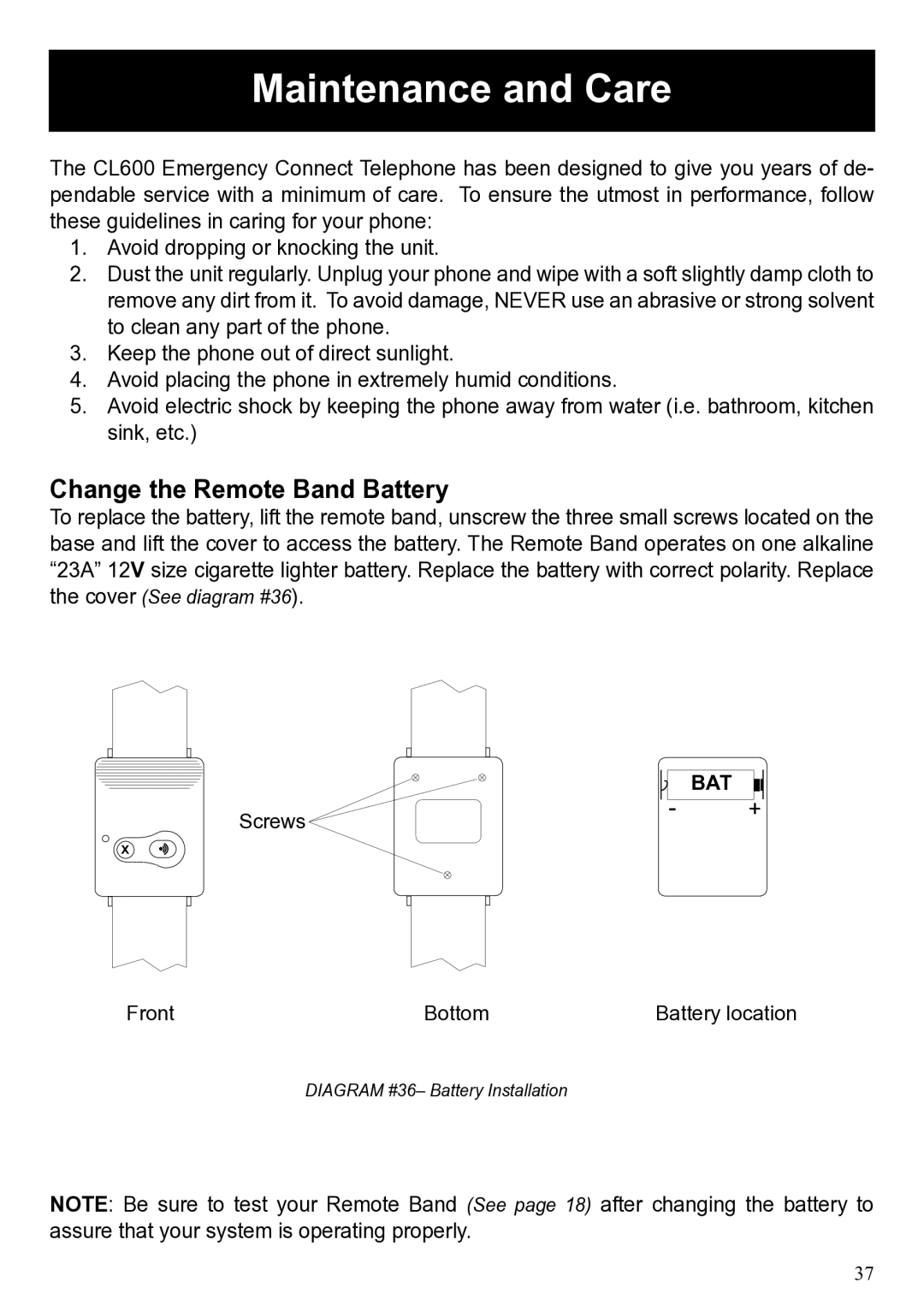 ClearSounds CL600 manual Maintenance and Care, Change the Remote Band Battery 