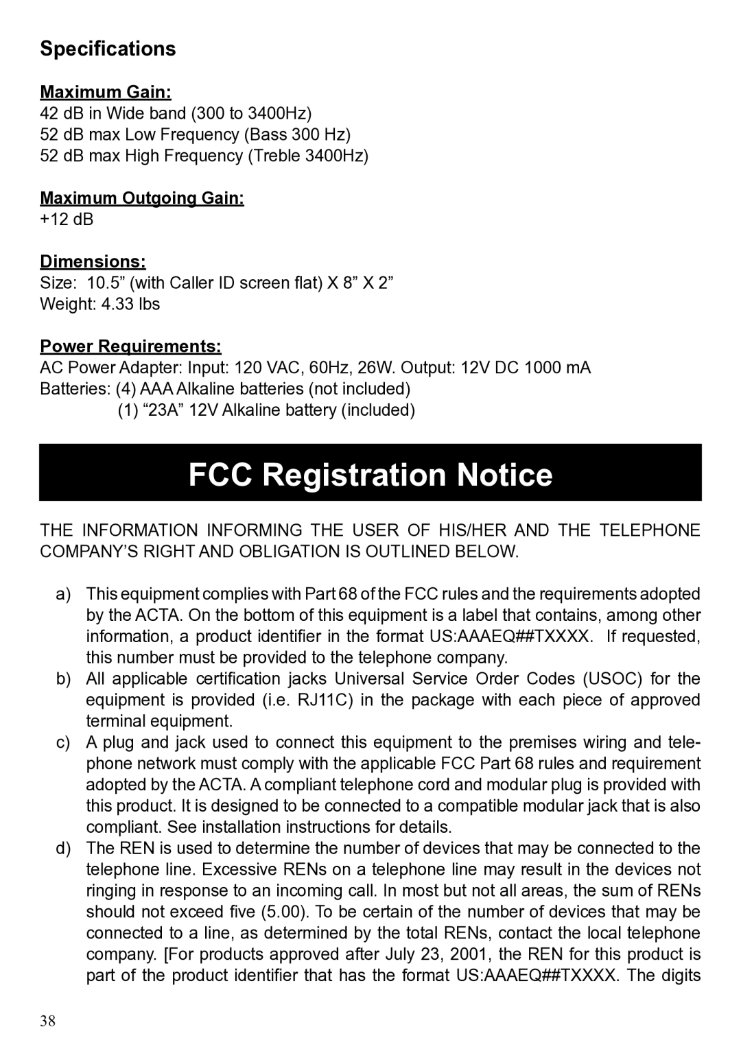 ClearSounds CL600 manual FCC Registration Notice, Speciﬁcations 