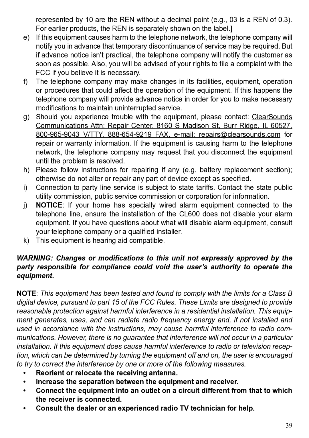 ClearSounds CL600 manual This equipment is hearing aid compatible 